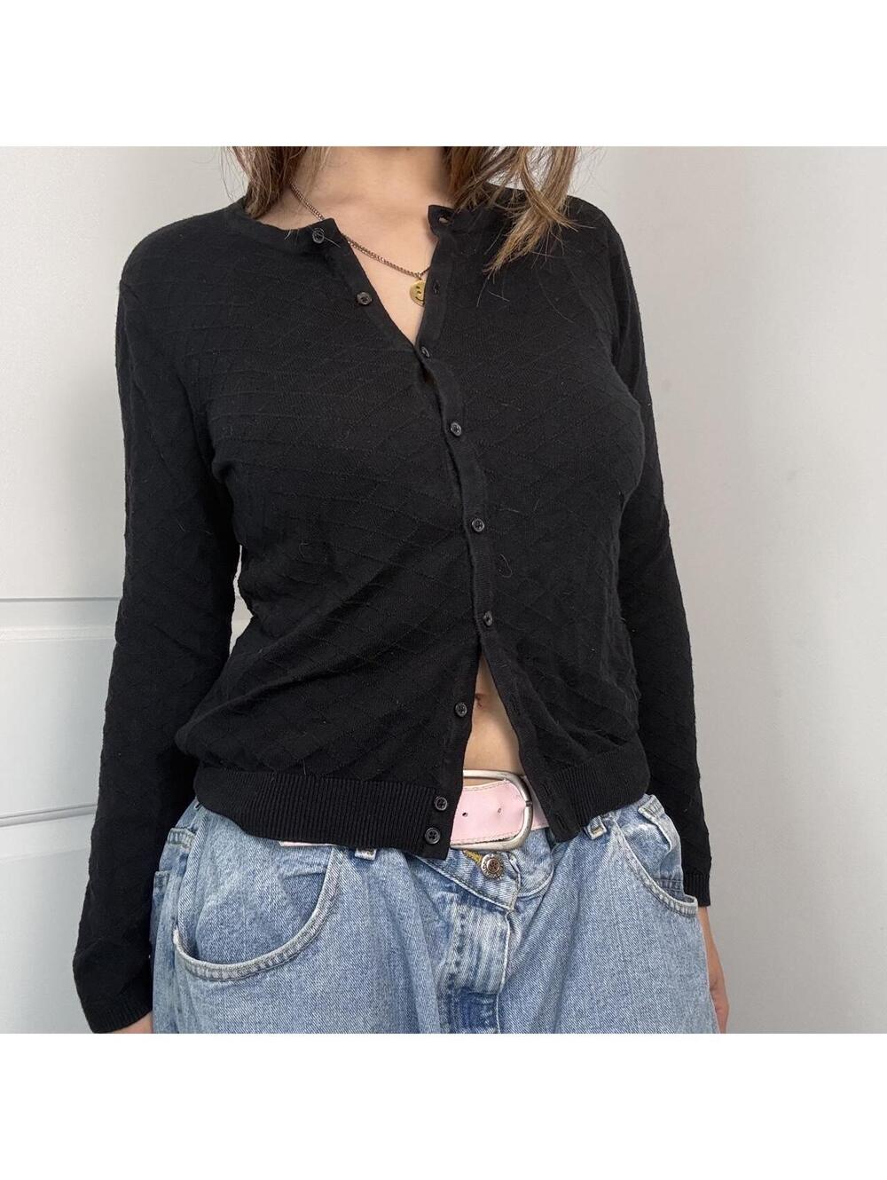 Hilary Radley black button up cardigan with diamond knit pattern! Size medium!